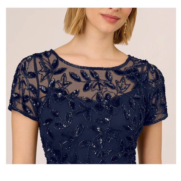 Adrianna Papell Beaded Short Sleeve Floral Godet Gown Midnight Navy Size 0 NWT - Picture 9 of 14